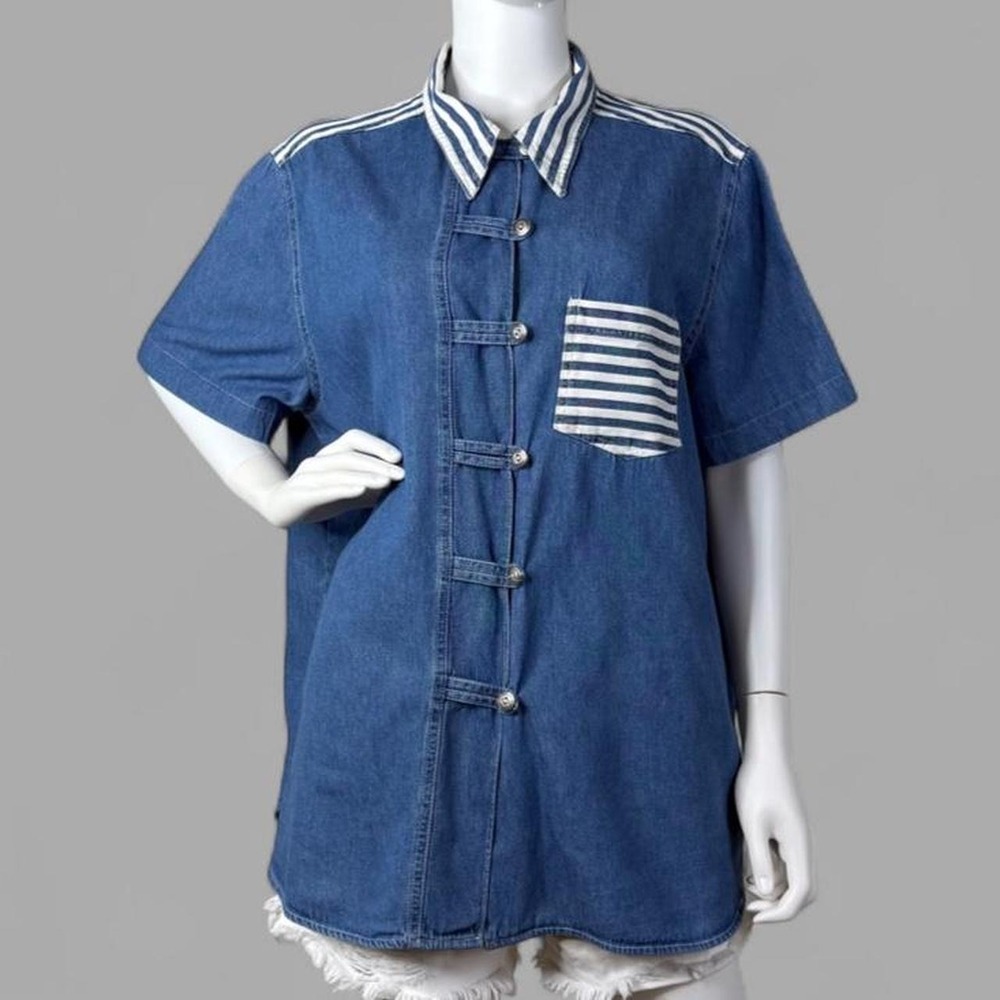Adrian Jordan Denim Button Down Shirt Women 18 Blue Striped Frog Closure Nautica